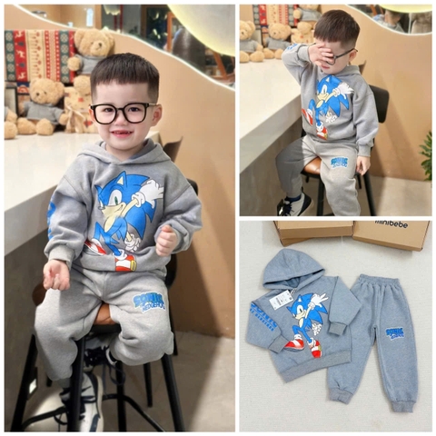 BN182 (9-26kg) Bộ nỉ thu đông dài tay bé trai Sonic màu xám có mũ VNXK