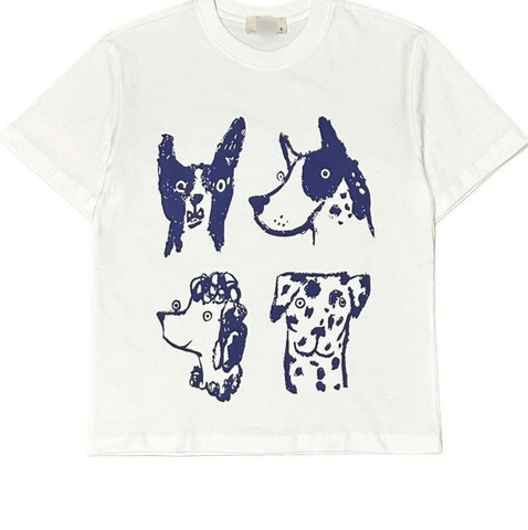 A331- Áo thun trắng dáng suông in hình cún xanh