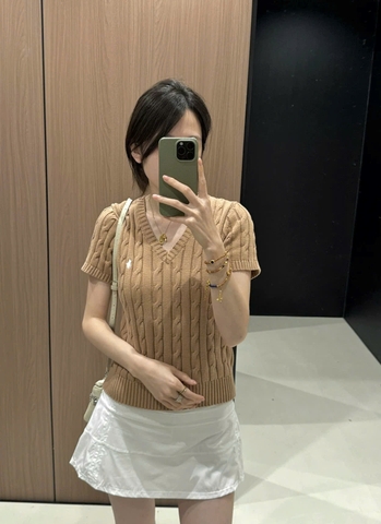 A536-Áo len thừng cộc tay cổ V màu nâu hàng nhà máy đủ tem