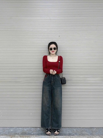 QUAN012- Quần jeans suông túi thêu đỏ 2 màu trắng,xanh