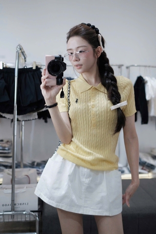 A377-Áo len cộc tay Quảng Châu cổ bẻ thêu ngực 5 màu trơn