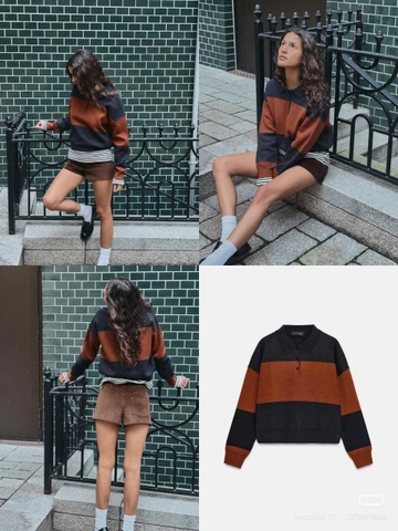 469-áo len cổ polo kẻ ngang cam đỏ phối than full tem