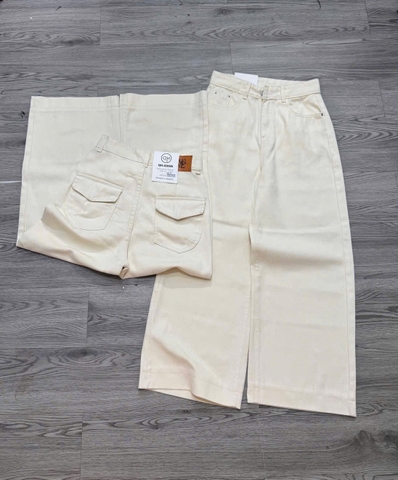 Quan127- Quần jeans suông màu be dài 95cm