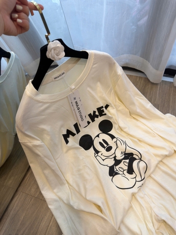 SET1019-Set áo thun dài mickey phối quần cộc be