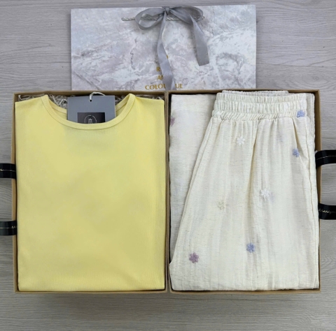 SET1019 -Set áo thun vàng phối quần đũi thêu hoa