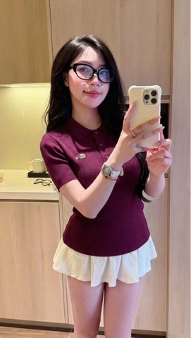 A622-Áo len polo cộc tay thêu cá màu đỏ mận hàng nhà máy đủ tem