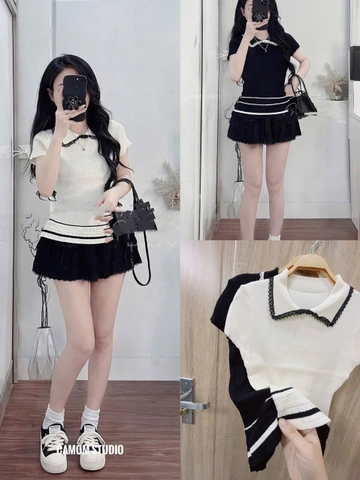 A363- Áo len dáng ôm viền ren Quảng Châu 2 màu đen- be