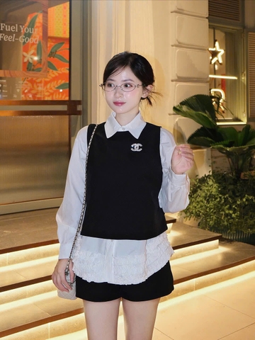 Set794- Set nhung  den kèm sơ mi trắng