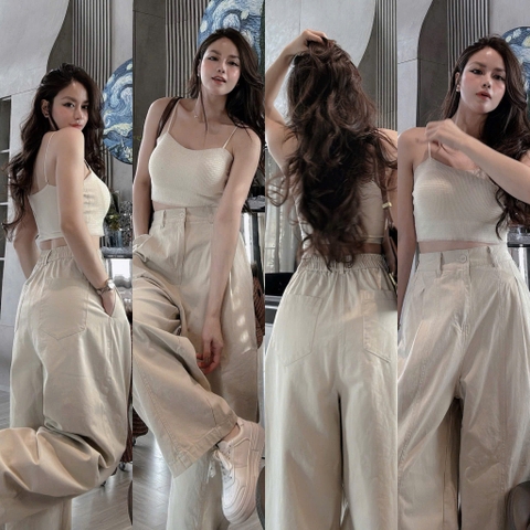 Quan083- Quần baggy kaki màu trắng ngà cạp chun sau co dãn