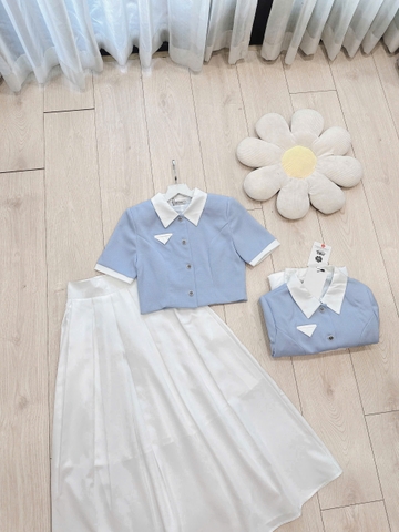 SET394-SET CHÂN VÁY XẾP LI MIXX ÁO WEET XANH  2 LỚP PHỐI CỔ 🌺