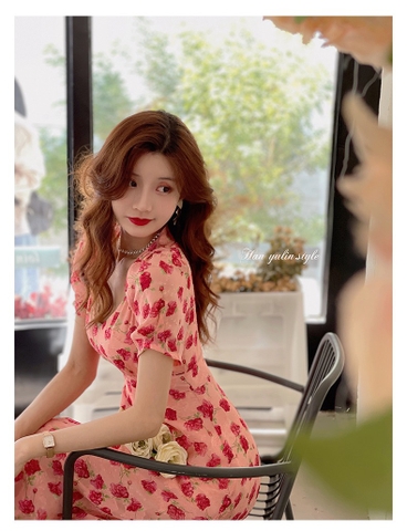 Đầm hoa  hoa hồng cổ V 2 lớp bắn  cúc ngọc