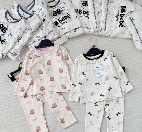 CB174-Combo 2 bộ NƠ VIỀN REN dài tay chất zip bé gái