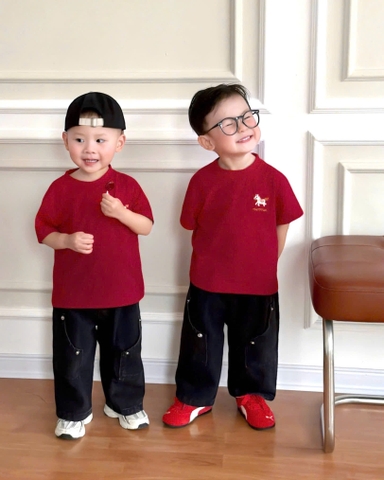 BT835- Bộ áo cộc tay đỏ ngựa phối quần jean đen bé trai 9-26kg