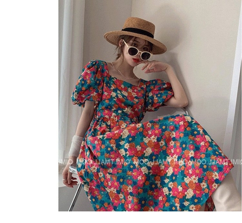 Đầm hoa cam cổ vông dây lưng tay bồng