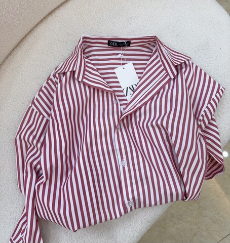 A258- áo sơ mi kẻ đỏ dáng suông chất thô lụa