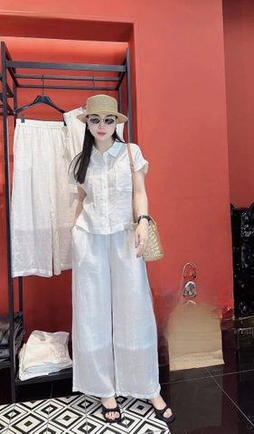 SET307-Set áo đũi trắng phối quần suông