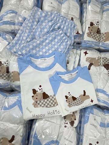 SET772- Bộ mặc nhà gia đình  áo thun quần kẻ suông xanh nhạt