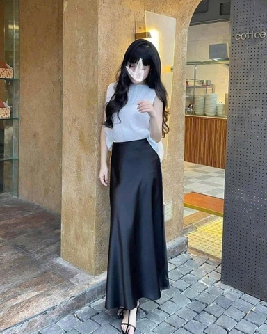 CV001- Chân váy lụa dáng xoè 2 màu vàng đồng- đen chất lụa vân dày dặn