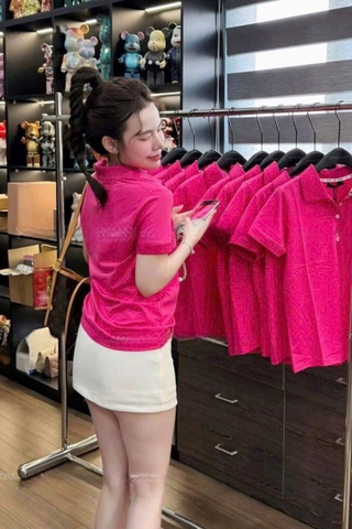 A280- Áo polo màu hồng thêu ngựa chất zip