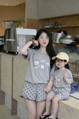 SET913-Set quần áo đôi mẹ con vải cotton cộc màu xám bi