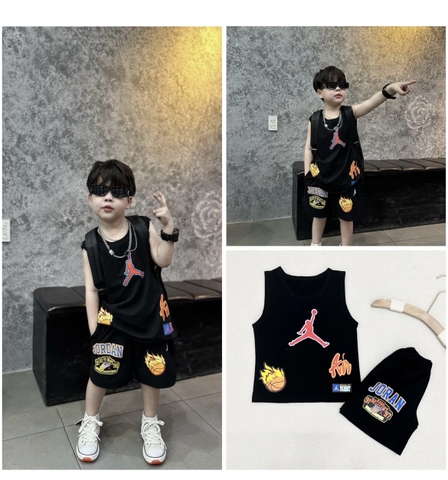 BT049- Bộ JORDAN đen in hoạ tiết bóng rổ trẻ em VNXK