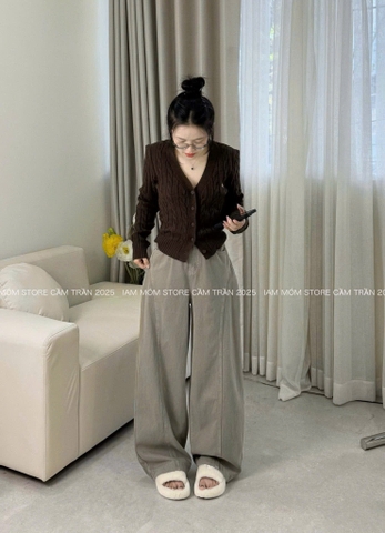 Quan089-Quần jean suông nâu dáng rộng phối viền tặng kèm đai