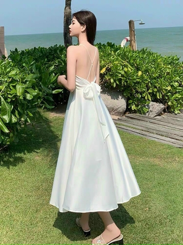 Đầm hai dây buộc nơ lưng 2 màu trắng,xanh