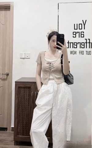 Set711-Set áo thun đan dây phối quần gió cạp chun trắng