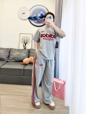 Set881-SEt áo ADD xám cộc phối quần suông viền đỏ