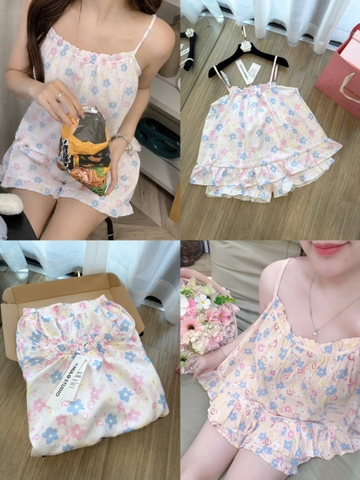 SET1007- Set áo 2 dây phối quần cộc hoa trắng
