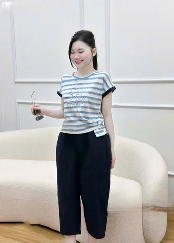 Set729-Set mặc nhà áo thun giấy phối quần lửng pha gió cạp chun