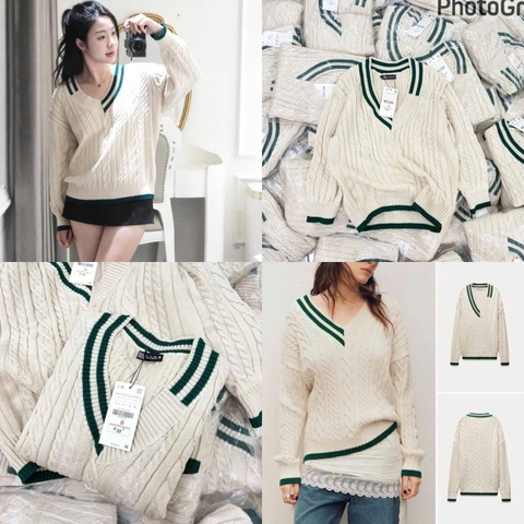 A443- Áo len be viền xanh cổ V nhà máy full tem