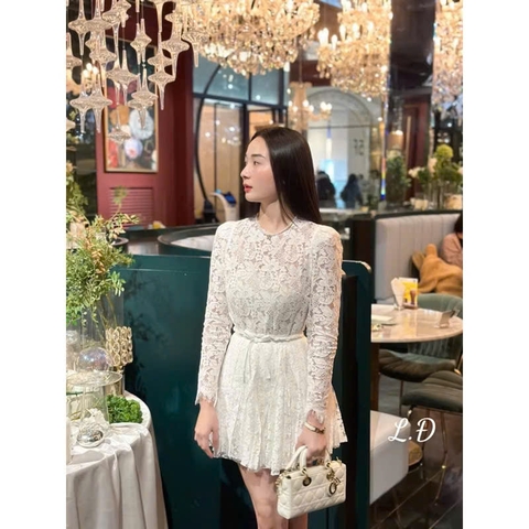 SET360- Set áo ren đệm vai phối chân váy xếp ly nơ eo