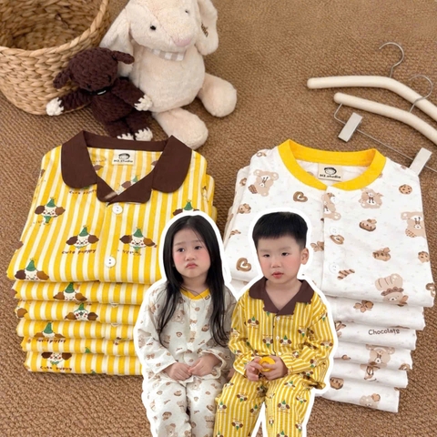 BT1086- Combo 2 bộ pijama vàng trắng cổ đức-cổ tròn