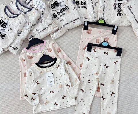 CB174-Combo 2 bộ NƠ VIỀN REN dài tay chất zip bé gái