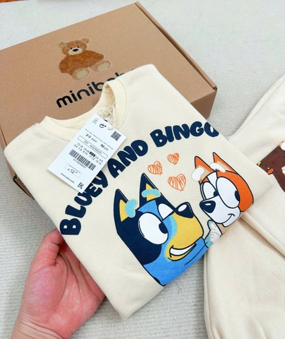 Bn175 (9-26kg) Bộ nỉ thu đông bé trai Cún BLuey màu be VNXK