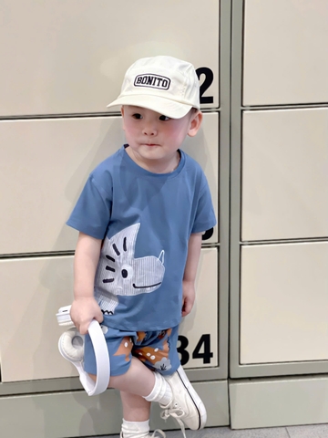 BT898-Combo 2 bộ KHỦNG LONG CỔ DÀI cộc tay cotton bé trai