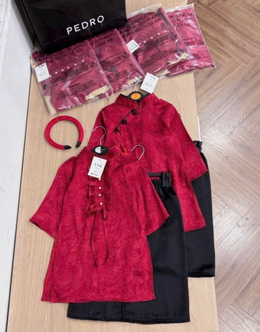 SETKID059- Set áo dài trai/gái đỏ quần lụa đen