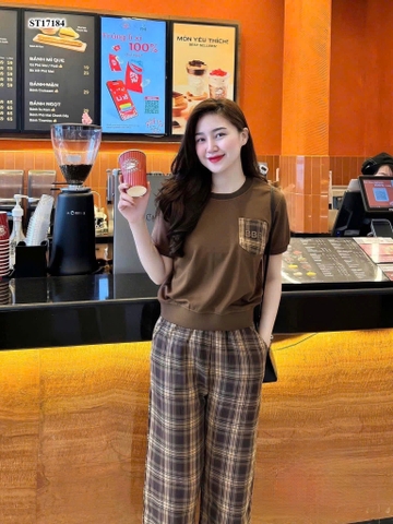 SET475_Set mặc nhà áo thun cotton phối quần kẻ ống rộng