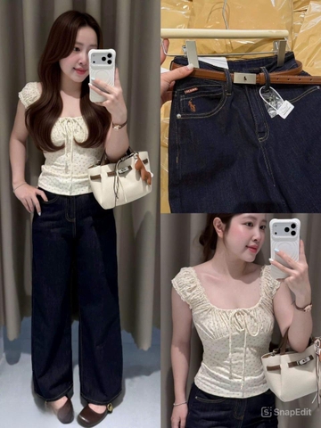 QUAN118- Quần JEANS suông đậm gấu bản to mác da