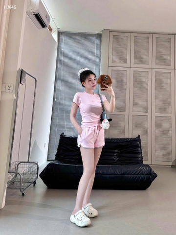 Set754- Bộ mặc nhà cộc tay hồng nhạt phối xám