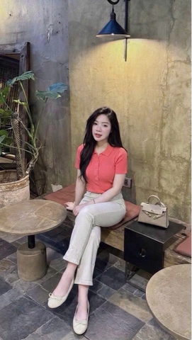 A636-Áo len cổ bẻ màu cam thêu ngực hàng nhà máy đủ tem