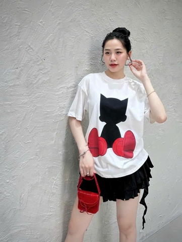 A234-Áo thun suông cotton in hình mèo 3 màu đỏ  đen trắng