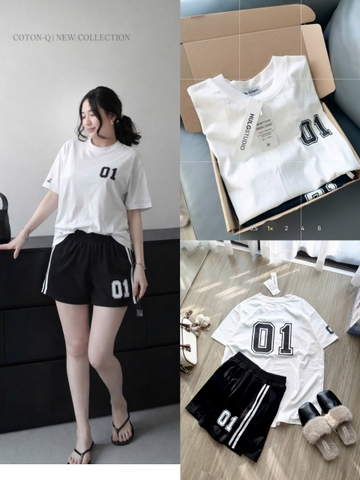 Set872-Set áo thun trắng 01 phối quần short đen