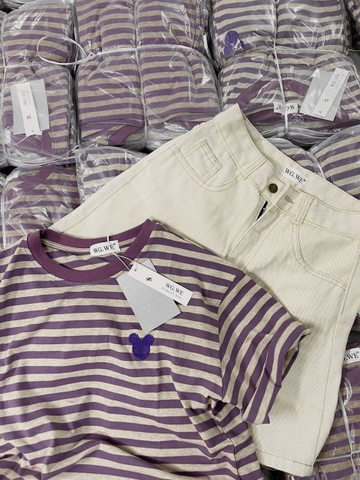 Set665- Set áo thun sọc ngang mix quần short jeans màu be