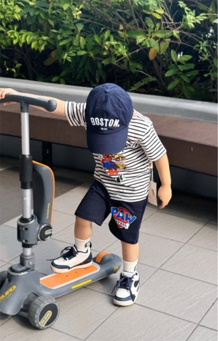 BN090- Bộ thun kẻ xanh than PAW mix quần chân cua