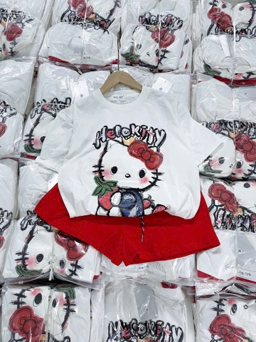 Set684- Set kitty áo trắng quần đỏ dáng cộc  chất cotton