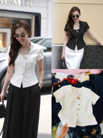 A374- Áo cổ vuông cúc kim loại dáng ôm 2 lớp cao cấp