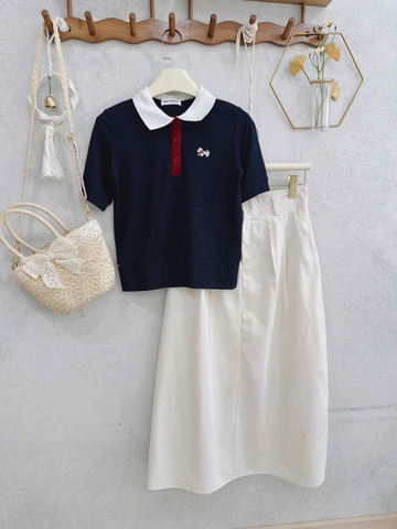 SET748- Set áo len cộc tay dệt kim phối chân váy midi trắng ngà