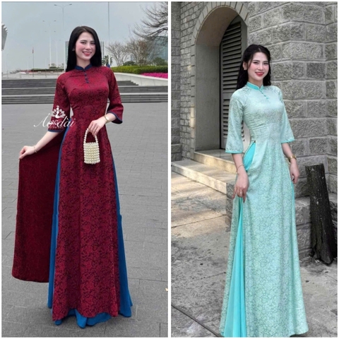 SET753- Bộ áo dài truyền thống gấm lụa xanh đỏ cúc tàu